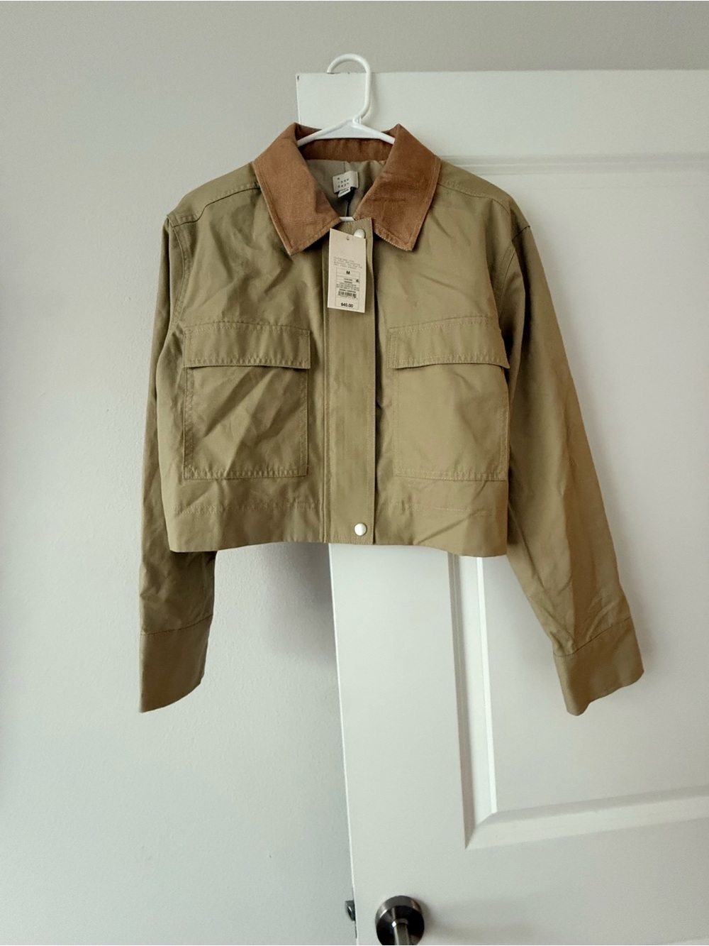a new day Cropped Olive Jacket with Brown Corduroy Collar